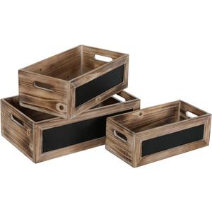 Farmhouse Wood Decorative Storage Crate Box with Handles Rustic Torched Wooden Nesting Box Open Top Organizer Bin with Erasable Chalkboard Front Panel and Two Cutout Oval Handles (Burnt Wood)