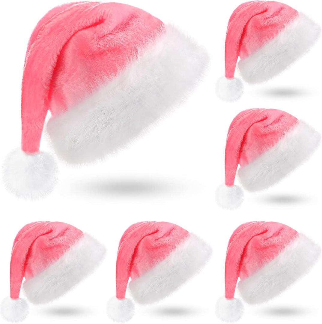 Threan 6 Pcs Christmas Purple Pink Santa Hat Xmas Hat Plush Velvet Christmas Cap for Adults Unisex Holiday Party (Solid)