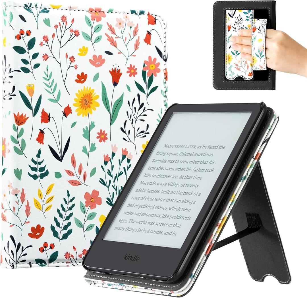 CoBak Case with Stand for 6" Kindle (2024 & 2022, 11th Gen)  PU Leather Smart Cover with Auto Sleep/Wake & Hand Strap, Premium Protective Case for Kindle Basic, Floral (Green Oasis)