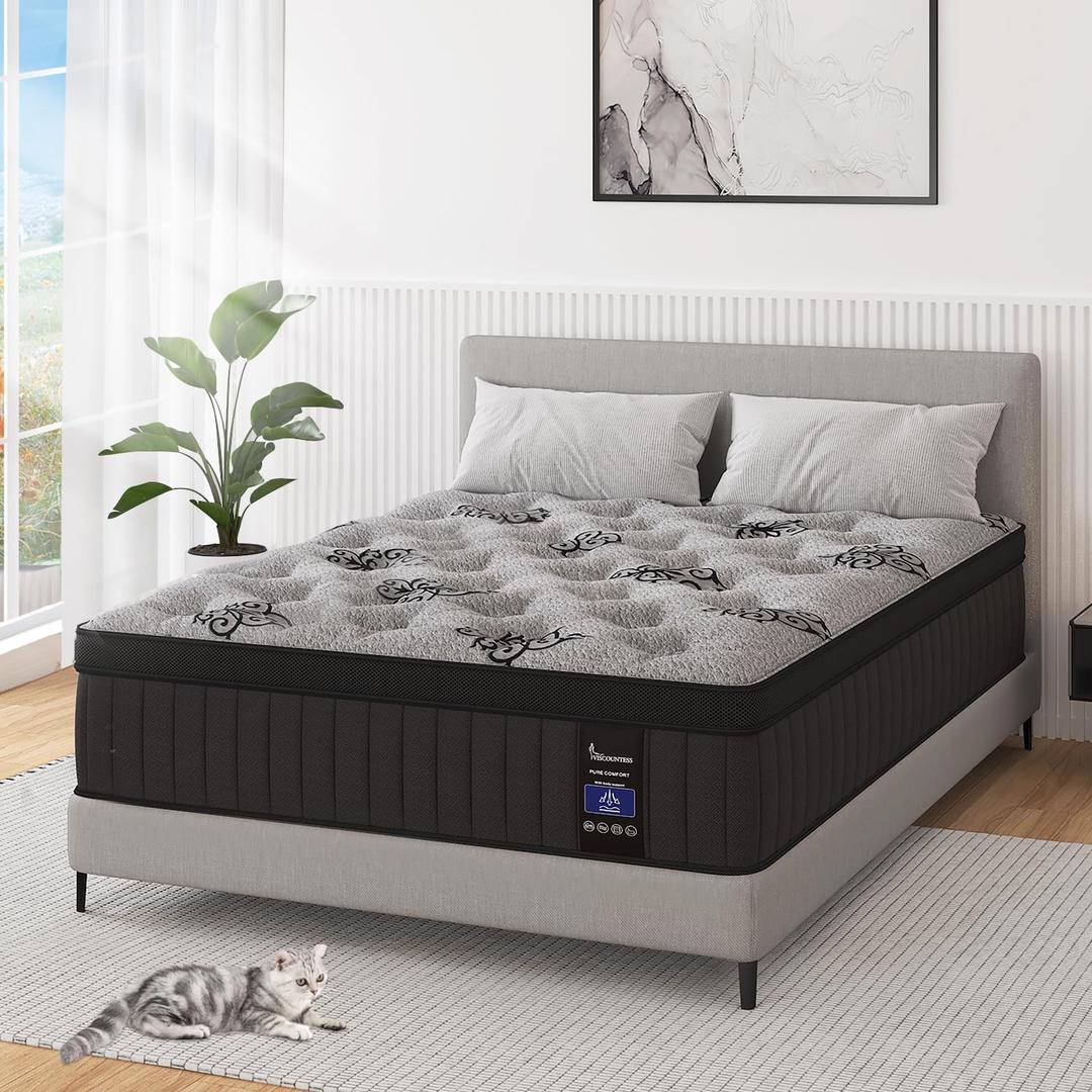 King Mattress, 9 Inch Hybrid Mattresses Bed in a Box with Gel Memory Foam & Pocket Spring, Euro Top, Medium Firm for Back Support & Pressure Relief, Motion Isolation, Grey