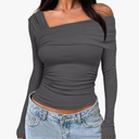 Darong Women's One Off Shoulder Long Sleeve Tops Ruched Going Out Crop Shirts Slim Fit Y2K Tee Blouse, XL