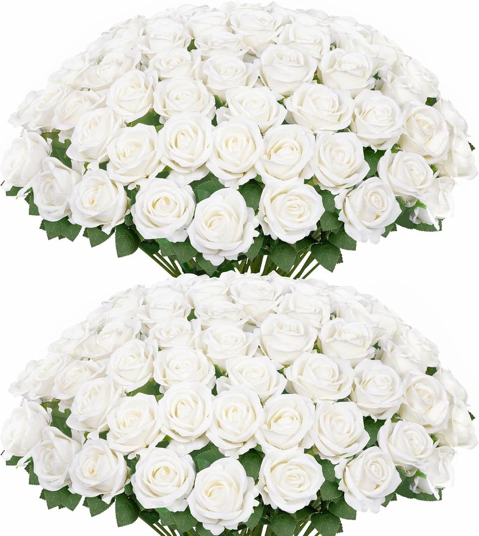 Ouddy Decor 50 Pcs Artificial White Roses Bulk Realistic Fake Silk Flowers with Long Stems for Wedding Bridal Bouquet DIY Table Centerpieces Arrangement Valentines Home Decor
