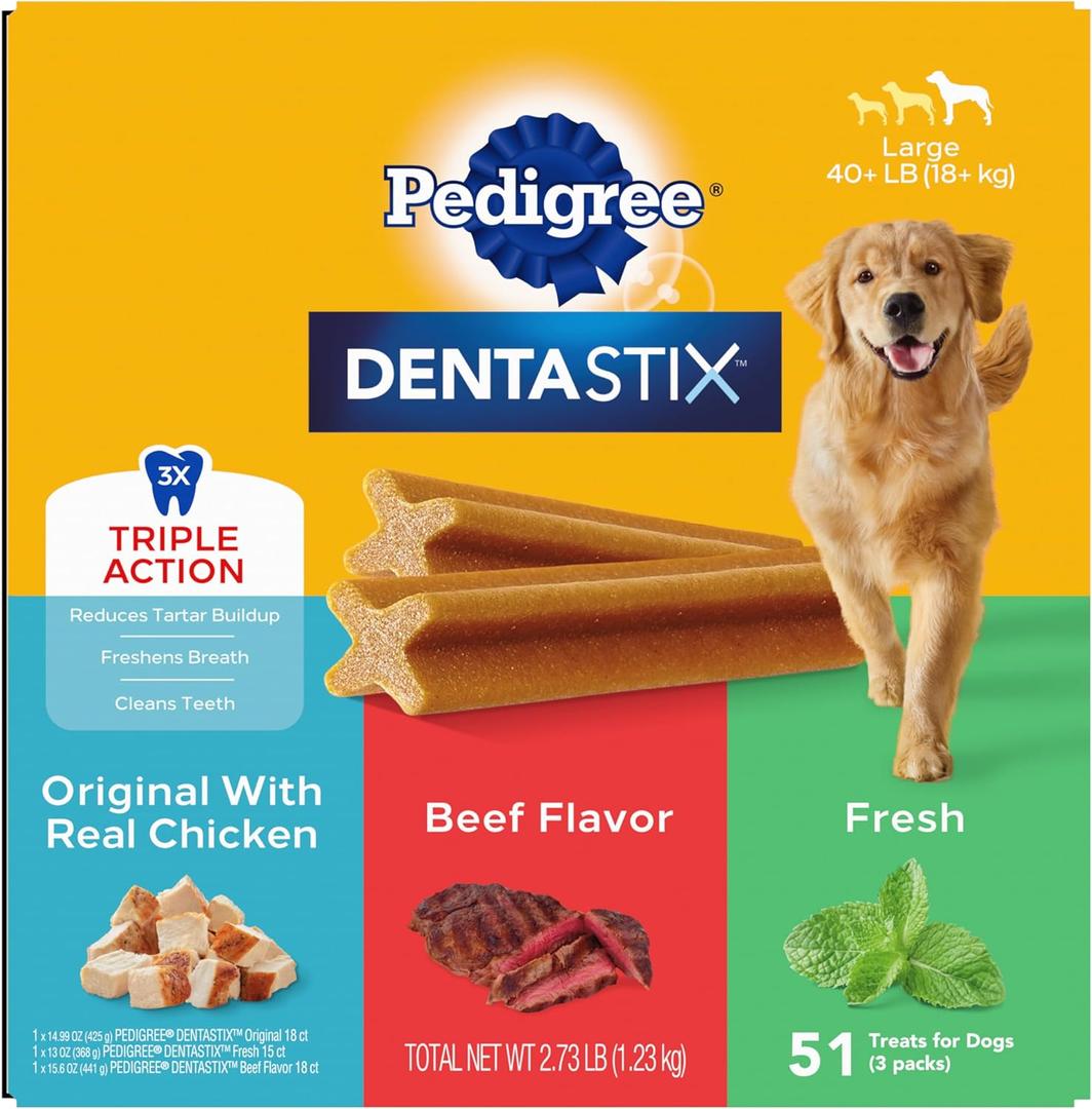 Pedigree Dentastix Large Breed Dog Treats, Original, Beef & Fresh Flavor, 2.73 lb. Variety Pack (51 Treats), BB 05/2026