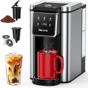 Horavie Single Serve Coffee Maker for K-Cup Pod and Grounds, Hot and Iced Coffee Maker, 6 to 14oz Brew Sizes, 50oz Removable Reservoir, Strong Button Feature, Fit 6.5" Mugs, Stainless Steel, Black (11.2 Inch)