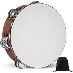 Wooden Hand Held Percussion Tambourine with Storage Bag - 8 Inches, Ideal for Church, Wedding, Party, Dance, Photo Shoot