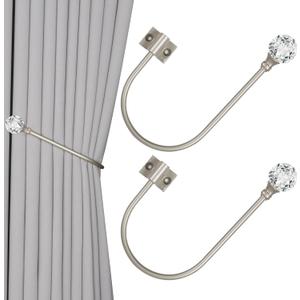 Upgraded Curtain Tiebacks Set of 2 - Wall Mounted Heavy Duty Adjustable Curtain Holdbacks for Heavy Curtains,U-Shaped Curtain Pull Backs with 180Flexible Angle (2, Silver with Crystal Ball)