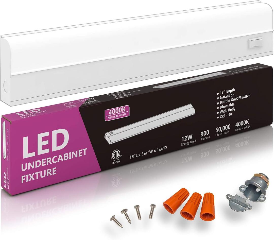 Hardwired LED Under Cabinet Task Lighting - 12 Watt, 18", Dimmable, CRI>90, 4000K (Cool White), Wide Body, Long Lasting Metal Base with Frost Lens