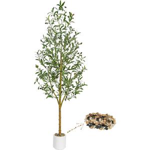 Artificial Olive Tree Artificial Plants, Tall Faux Olive Silk Plant with White Planter Home Office Decor Indoor Fake Potted Tree with Lifelike Fruits Housewarming Gift (1, White, 6FT)