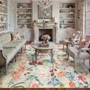 PureCozy Beige Area Rug 8x10 Floral Washable Living Room Kitchen Boho Carpet Non Slip Low Pile Indoor Accent Lightweight Soft Throw Rug for Bedroom Office Dining Room Nursery Farmhouse