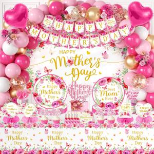 Mothers Day Decorations for Party,Mother's Day Decorations Pack - Happy Mothers Day Plates and Napkins,Mother's Day Banner,Balloons,Tablecloth,Cups,Forks,Knives,Best Mom Ever Decoration,Sever 24