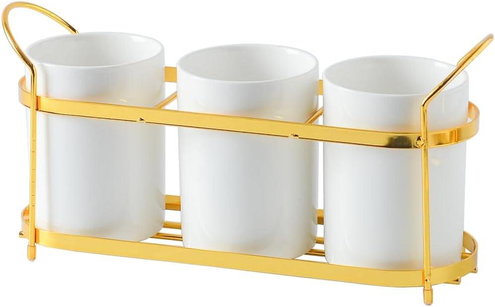 3-Piece White Ceramic Silverware Caddy with Golden Metal Rack, Utensil Holder Flatware Caddy Cutlery Storage Organizer for Kitchen Table (White+Gold)