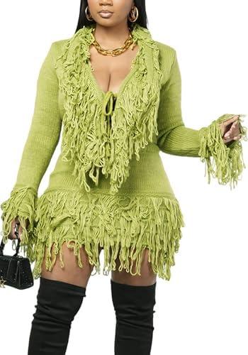 NRTHYE Women 2 Piece Sweater Skirt Set Casual Tassel Long Sleeve Sweaters Fringe Mini Skirt Matching Sexy Club Outfits, L
