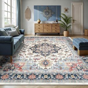 8x10 Area Rugs for Living Room - Washable Rug Vintage Distress Boho Medallion Rugs for Bedroom, Soft Non-Slip Backing Low Pile Carpet for Dining Room Office Nursery Home, Blue Beige Orange