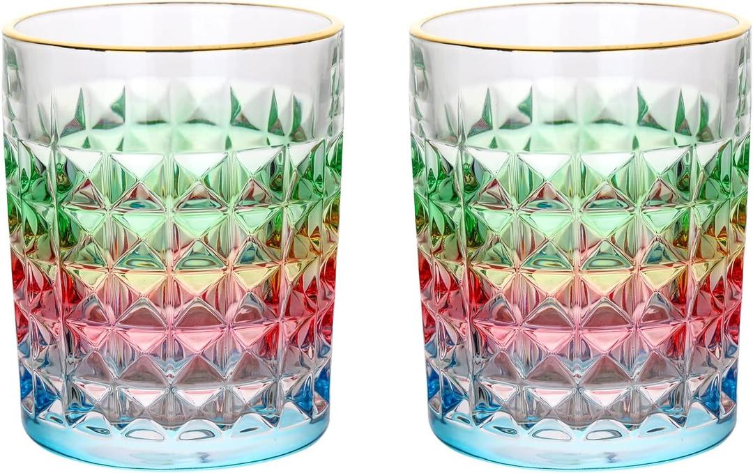 SALADAYS Whiskey Glasses Set of 2, 10oz Colorful Old Fashioned Glasses, Crystal Glassware for Bourbon Scotch Cocktail Liquor