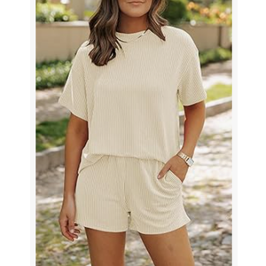 SHEWIN Two 2 Piece Sets for Women Short Sleeve Shirts High Waisted Shorts with Pockets Pajamas Lounge Matching Set M