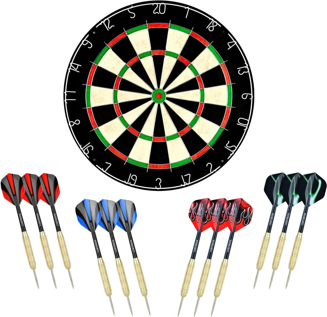 LinkVisions Dartboard with Staple-Free Bullseye, 18g Steel Tip Darts Set,12 Steel Tip Darts 18g, Dartboard Mounting Kits Included, 17.8"