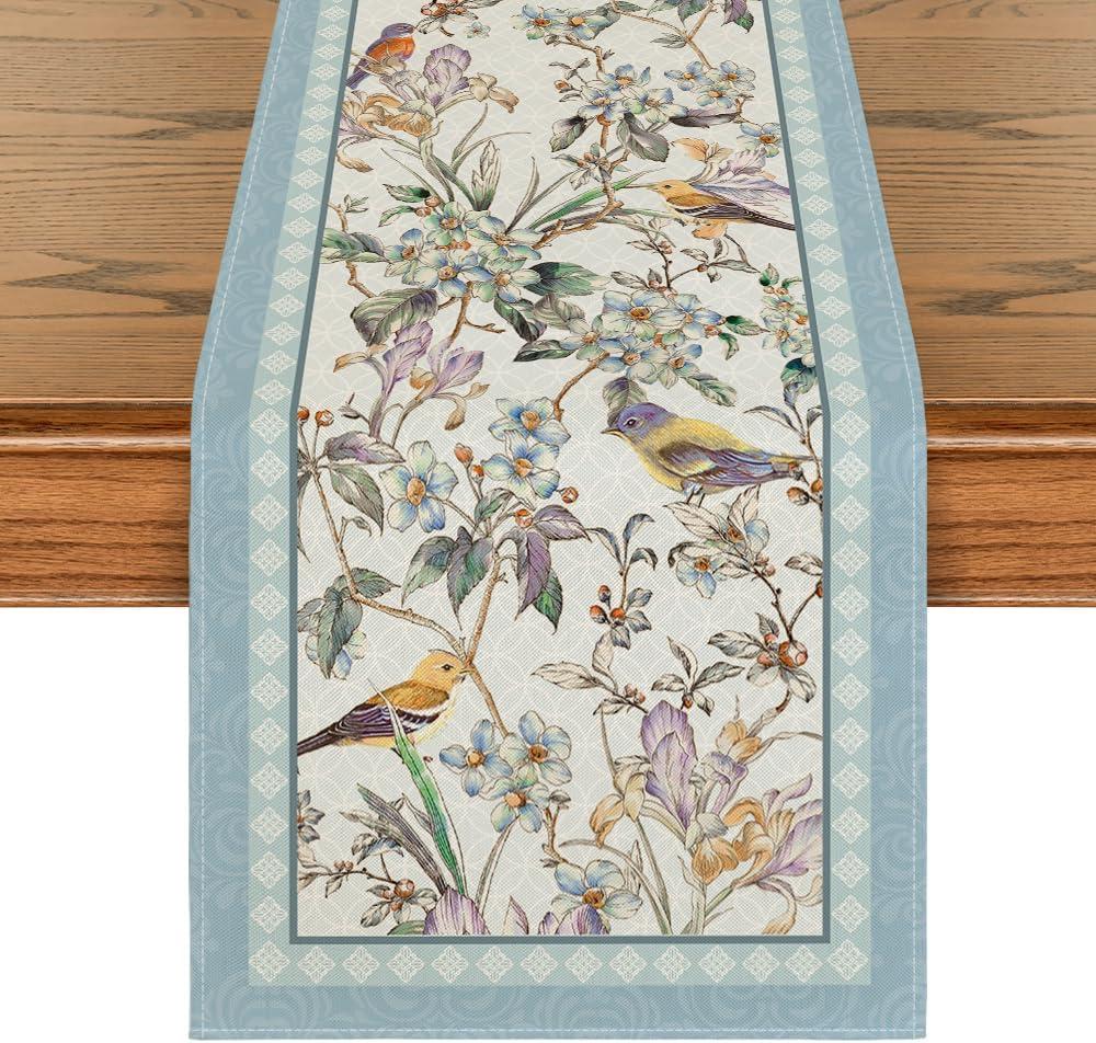 Artoid Mode Blue Birds Flowers Blossom Table Runner, Seasonal Spring Floral Kitchen Dining Table Decoration for Home Party Decor, 13x72 Inch