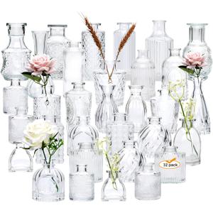 Brajttt Set of 32 Bud Vases for Flowers, Small Vintage Glass Bottles for Rustic Wedding Centerpieces and Home Decor (Clear-32pcs)