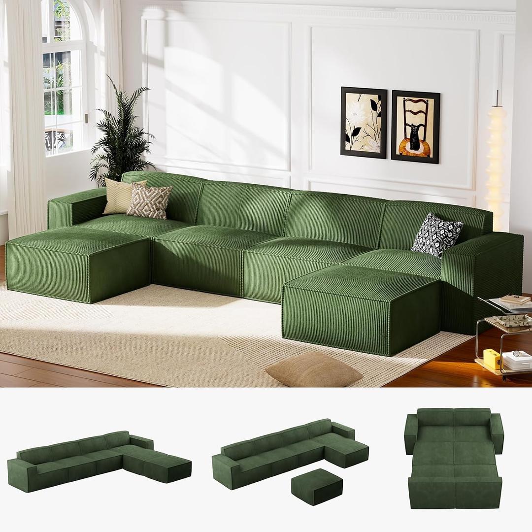 Marsail 111' Modular Sectional Sofa, L-Shape Corduroy Cloud Couch with Deep Seat, Freely Combinable Boneless Sofa for Living Room, No Assembly Required, Dark Green
