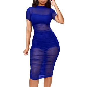 Women See Through Bodycon Dress - Sexy 3 Piece Outfits Cami Top Shorts Ruched Sheer Mesh Midi Party Dress (XL, Blue) Women See Through Bodycon Dress - Sexy 3 Piece Outfits Cami Top Shorts Ruched Sheer Mesh Midi Party Dress (XL, Blue)