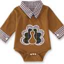 Ritatte Infant Baby Boy Girl Thanksgiving Outfit Funny Turkey Romper Bodysuits Plaid Collar Long Sleeve Onesie Fall Clothes (12-18 Months, Brown)