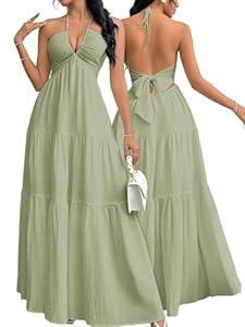 Narecte Women's Maxi Summer Dresses Halter V Neck Beach Dresses for Women A-Line Casual Dress for Vacation, Green, Small