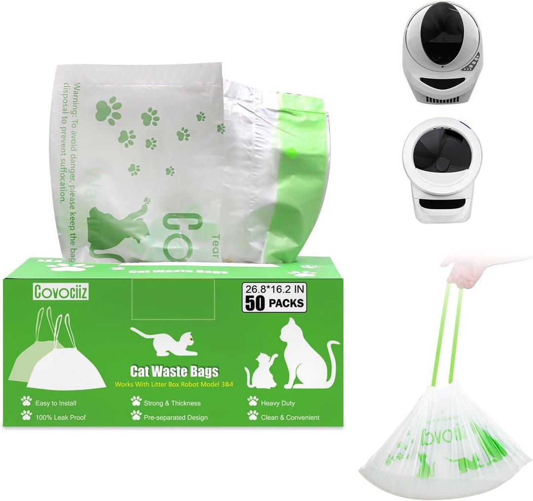 50 Pack Cat Litter Bags, Compatible with Litter Robot 3 and 4 Waste Bags, Thick Pre-Separated Heavy Duty Litter Box Liner Bags, 26.8" x 16.2"