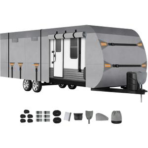 Kingfun Rv Cover Fits 27-30 Ft Travel Trailer Cover, Heavy Duty Camper Cover, with Windproof Straps, Gutter & Tongue Jack Covers, Utility Travel Trailer Cover for All Weather Protection