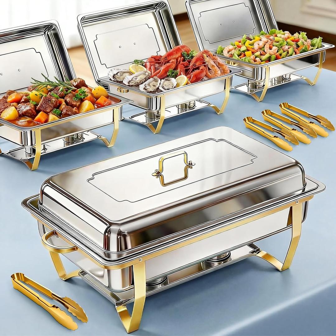 POWERFUEL Chafing Dishes for Buffet, 4 Pack 9QT Large Full Size Gold Chafing Dish Set, Rectangular Chafing Pans with 4 Gold Tongs, Stainless Steel Food Warmer for Party, Catering, Wedding