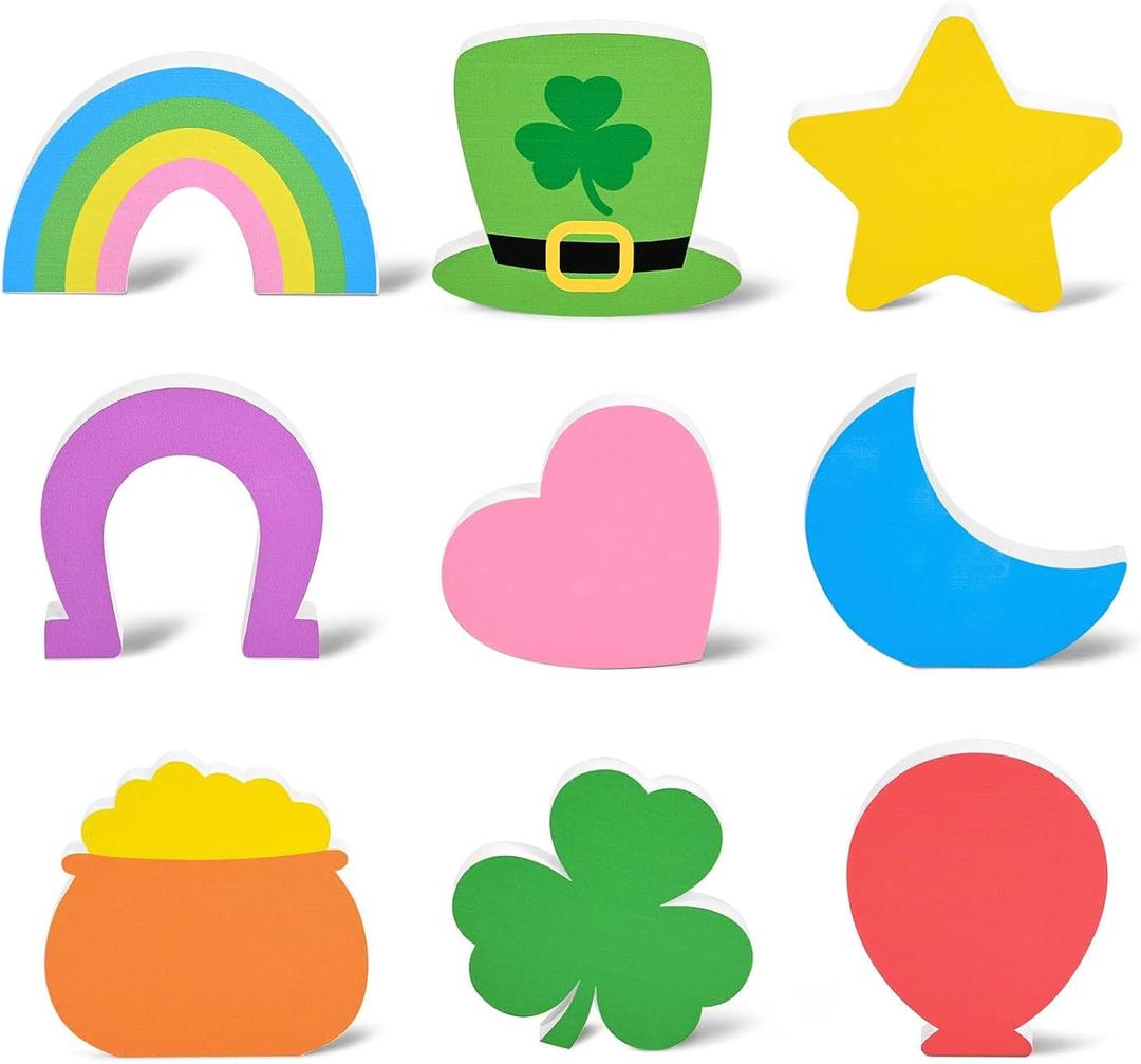 9Pcs St. Patrick's Day Tiered Tray Decor Lucky Charms Wooden Signs Saint Patty's Day Shamrock Wood Centerpiece Table Decoration for Irish Blessing Clover Farmhouse Baby Shower Home Holiday Party Decor