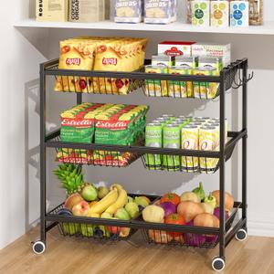 3-Tier Rolling Pantry Floor Organizer Cart with 6 Detachable Baskets, Metal Wire Fruit Basket Stand with Wheels, Kitchen Storage Cart for Fruit Vegetables, Snack Cart for Pantry Kitchen Living Room