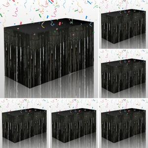Black Streamers Party Decorations, 6 Packs Black Table Skirts Metallic Foil Fringe Tinsel for Graduation Birthday Wednesday Twilight Wizard Float Parade Halloween Party Supplies - 29x108 Inch