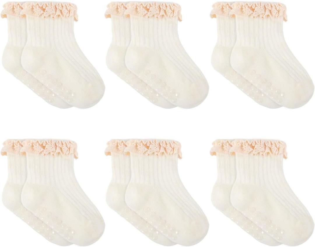 6 Pairs Baby Girl Ruffle Socks Non Slip Grippy Cotton Frilly Ankle Crew Fancy Dress Socks for Newborn Infant Toddler (US, Age, 6 Months, 12 Months, beige) (Beige, XS)
