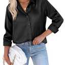 Siliteelon Button Down Shirts for Women Plus Size Satin Button Up Blouse Black Silk Blouses for Women Dressy Casual Fashion Clothing Business Top Date Party, L