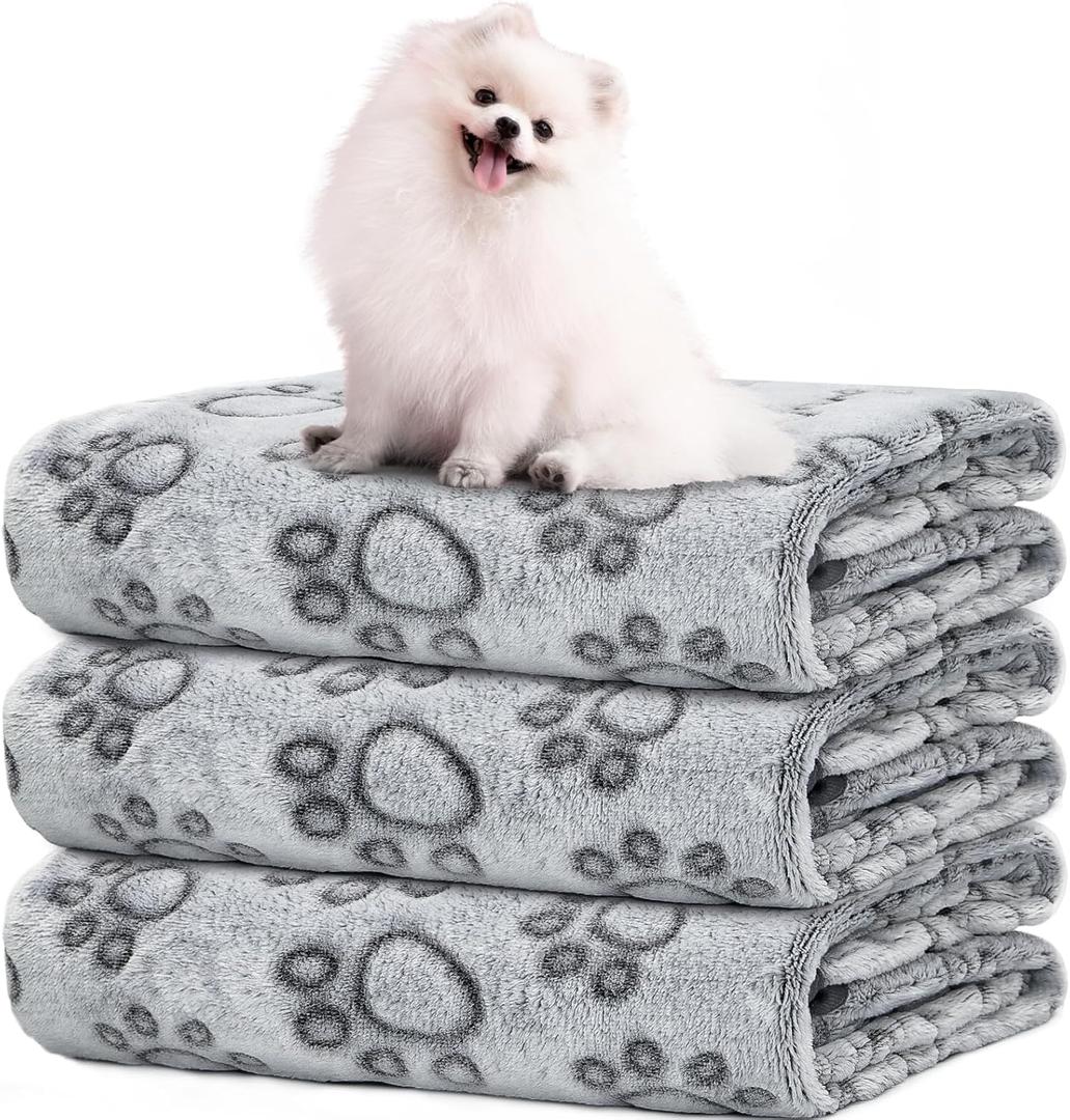 LOKOZ 3 Pack Dog Blankets for Small Dogs, 24" x 32" Soft Paw Print Fleece for Puppy Cats, Washable Pet Throw Blanket for Bed Couch