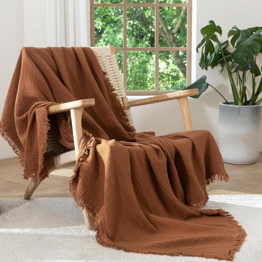 MooMee Muslin Blanket - 100% Cotton 4-Layer Gauze Throw Blanket with All-Around Fringe, Soft Breathable Lightweight Cooling Summer Blankets for Bed Couch (Dark Orange, Throw XL 50" x 70")