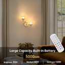 Battery Operated Wall Sconce, 2-Lights Vinatge Brass Wall Lighting with Amber Tluip Shade Rechargeable Bulb with Remote for Living Room, Bedroom (1 pack)