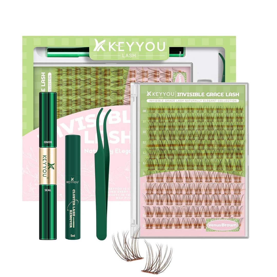KEYYOU Venus Brown Lash Clusters Kit Fairy Lash Extension Kit C Curl 120Pcs 8-16MIX Eyelash Extension Wispy Natural Invisible Band Lash with Waterproof DIY Lash Extension Kit at Home