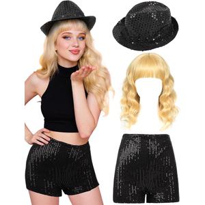 3 Pcs Halloween Singer Costume Wavy Blonde Wig Sequins Fedora Hat Shorts for Party Cosplay Music Festival Concert