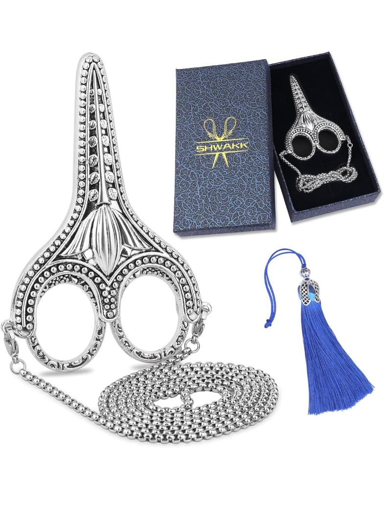 SHWAKK Embroidery Scissors Exquisite Stainless Steel Sharp Tip Retro Scissors with Sheath Chain Sewing Scissor for Sewing,Embroidery, Needlework