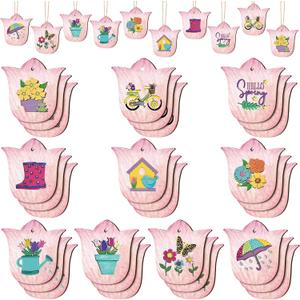 30 Pcs Spring Flower Wooden Ornaments 4 Inch Tulip Easter Tree Decoration Floral Hanging Wood Tulip Cutout Pastel Spring Decor for Home Small Tree Party Decoration