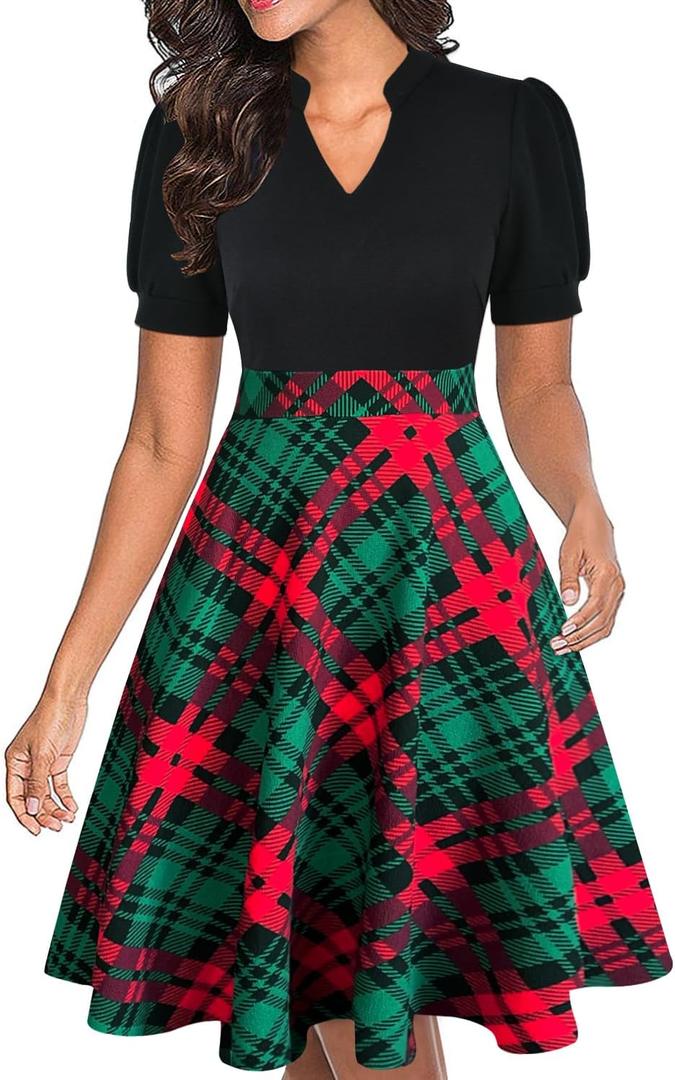 Mokayee Womens Summer Short Puff Sleeve Casual Semi-Formal Fit and Flare Church Wedding Guest Work Dresses with Pockets (Medium, Black+ Plaid 1)
