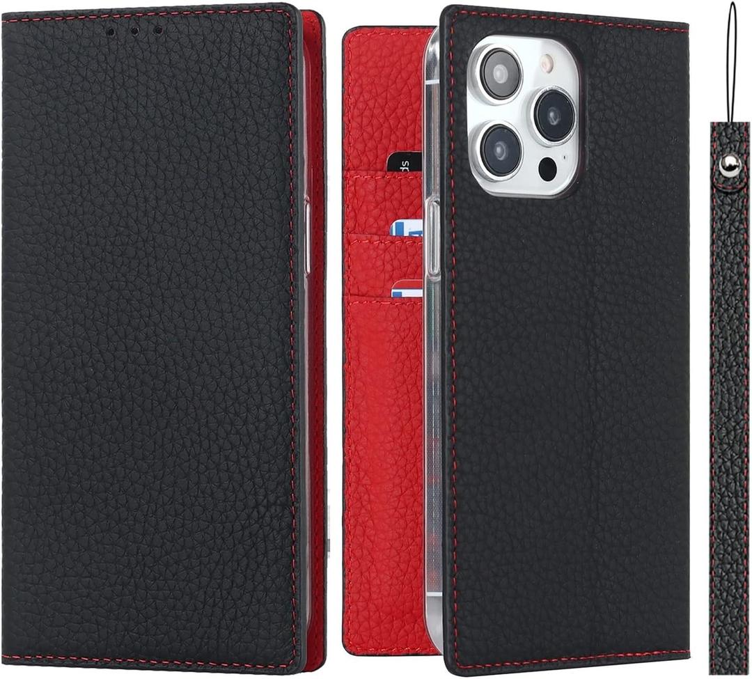iCoverCase Compatible with iPhone 14 Pro Max Wallet Case, RFID Blocking Genuine Leather Magnetic Case with Wrist Strap and Card Slots Kickstand Feature Flip Cover Case 6.7 Inch (Black)