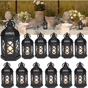 LLQ 12Pcs Mini Lantern with LED Candle, Small Black Lanterns Decorative for Halloween Decorations, Christmas Table Centerpiece, Flickering Candle Holders for Diwali Wedding Medieval Decor, Ornaments