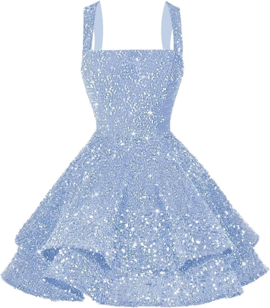 Women's Short Scoop Neck Sequin Homecoming Dresses Sparkly Sweet 16 Photo Tiered Short Cocktail Party Gown DE237 (0, Light Blue)