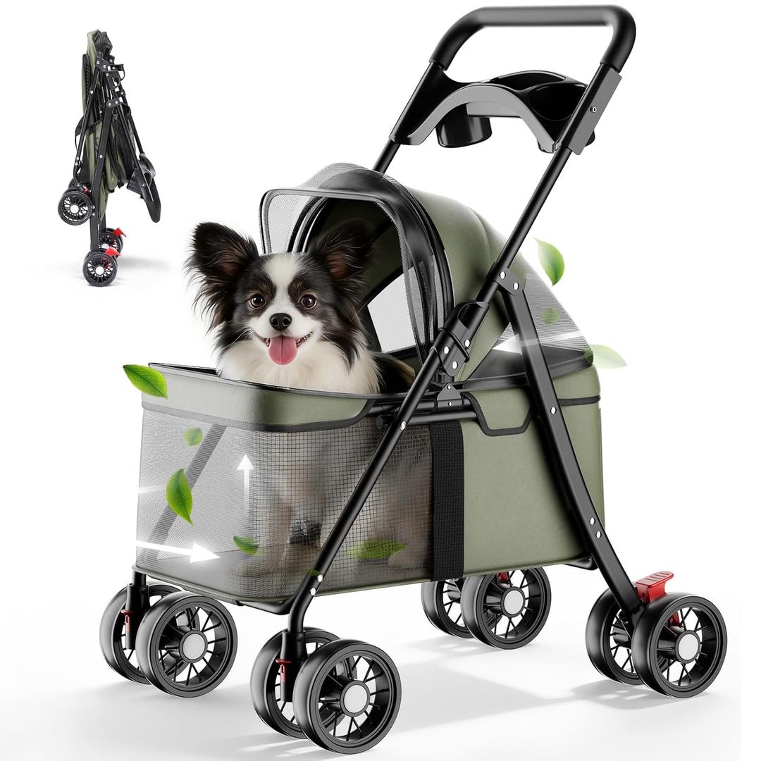 Foldable Pet Stroller for Small Dogs and Cats, Holds Up to 33 lb, 4-Wheel Stroller with 2 Safety Tethers, Breathable Mesh, Lockable Front Wheels, Cup Holder/Tray & Storage Pocket, Green