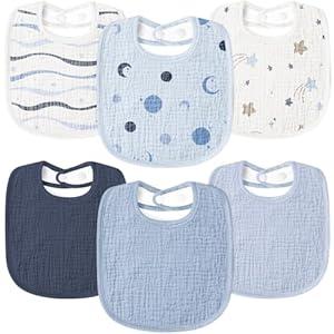 Susurration Muslin Baby Drool Bibs 6Pack Soft Square Adjustable Baby Bandana Bibs for Unisex Girls & Boys (Blue Stars)