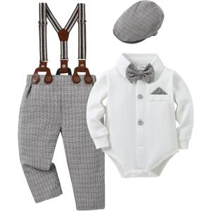 DISAUR Baby Boy Clothes Suits 4PCS Gentleman Outfit Dress Romper Beret Hat Suspender Pants Bow Tie Wedding Set (18-24 Months, White/Grey)
