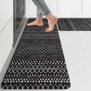 KIMODE Anti Fatigue Mats for Kitchen Floor 17"x47"+17"x29", Black Boho Kitchen Rugs Sets of 2, Cushioned Kitchen Floor Mats, Non Slip Standing Mats for Sink Laundry Office Desk