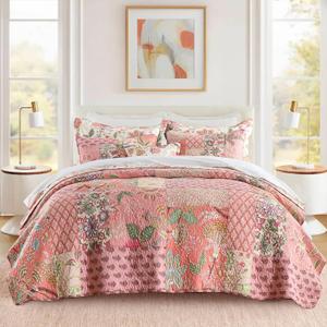 Etwel 100% Cotton Patchwork California King Quilt Set - Lightweight Breathable Reversible Bedspread for Hot Sleepers, Farmhouse Bedding Set with 2 Pillow Shams for All Season (118"x110", Pink Floral)